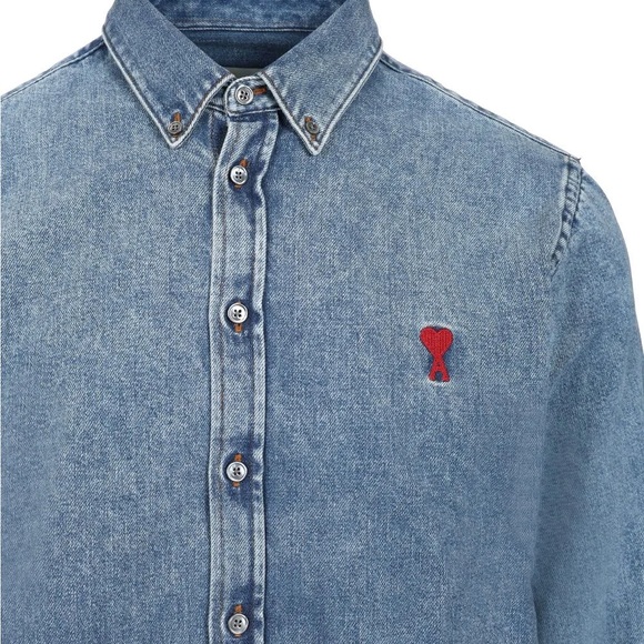 AMI Paris Blue Denim Button-Up Shirt with Red Logo Size X-Large - Picture 4 of 4